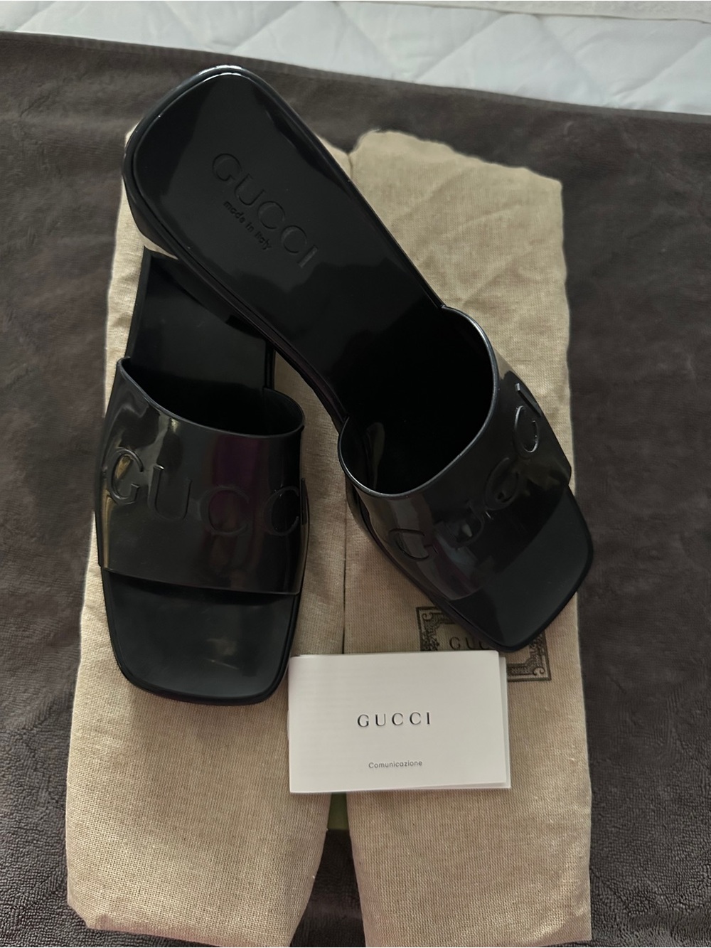Gucci Black Patent Logo Slide Mules